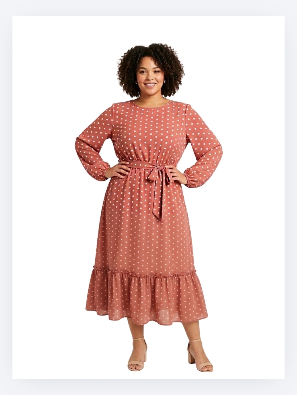 SHEIN Curve Dress Size 1XL Coral Pink/ White Polka Dot, Belt Tie, Midi NEW